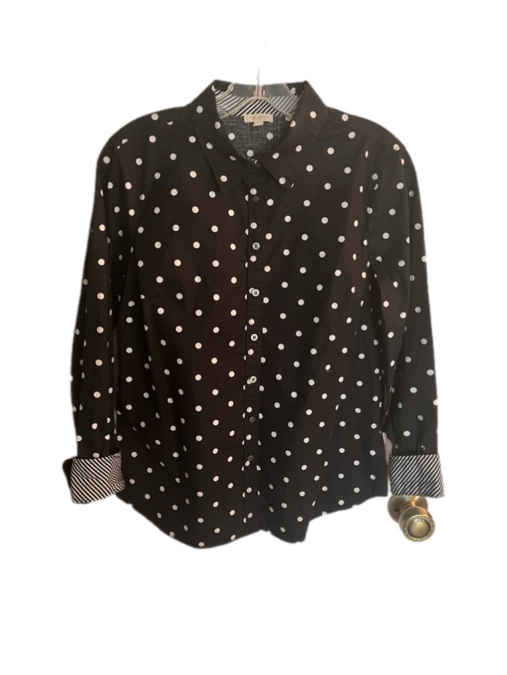 Talbots Petite SP Button Down Shirt Black White Polka Dot Striped Cuff Blouse